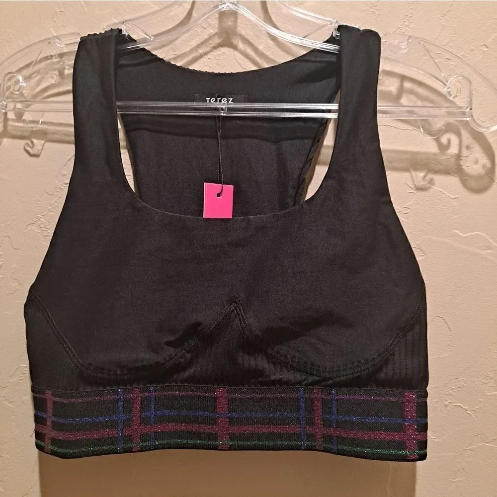 TEREZ PLAID GLITTER ELASTIC RIBBED BLACK SPORTS BRA Small Black/purple
